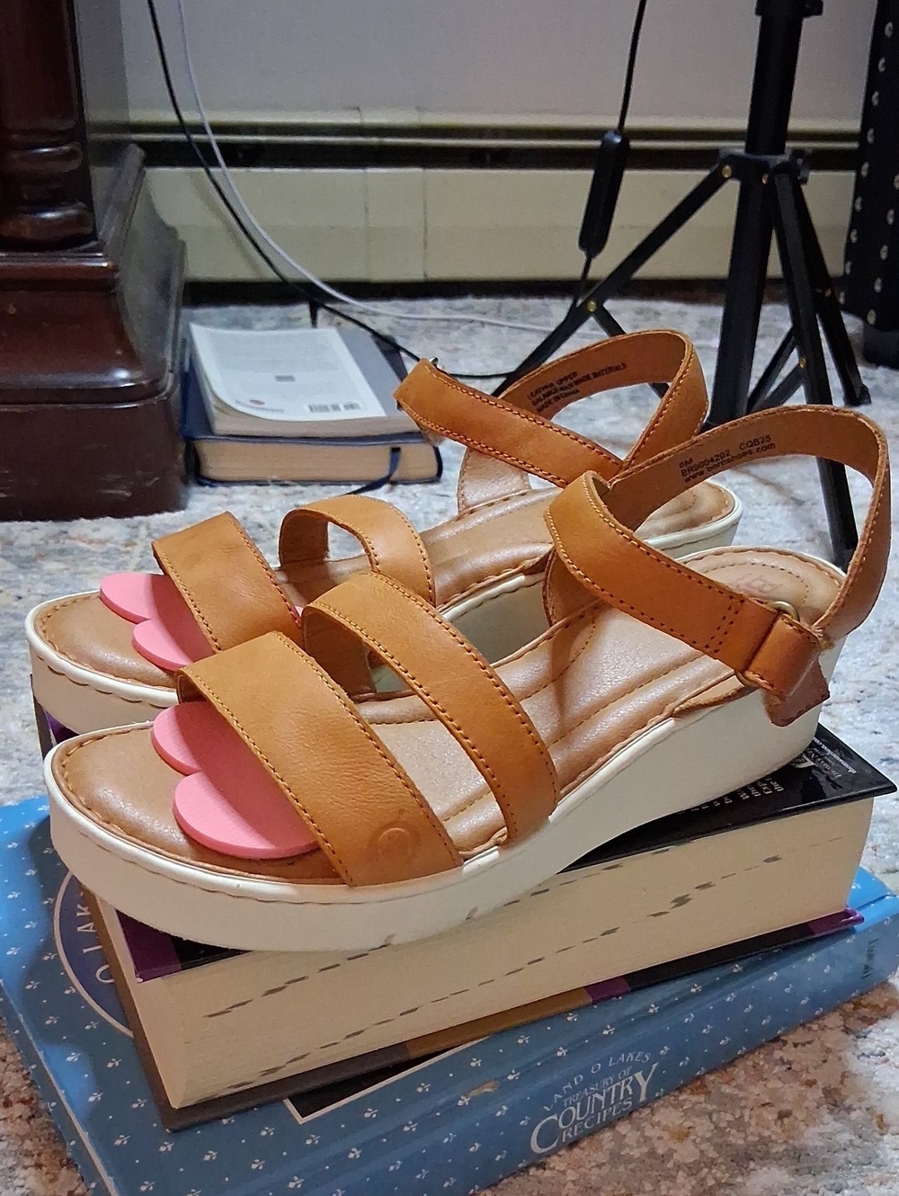 Born Tan Wedge Sandals with Pink Toe Accents